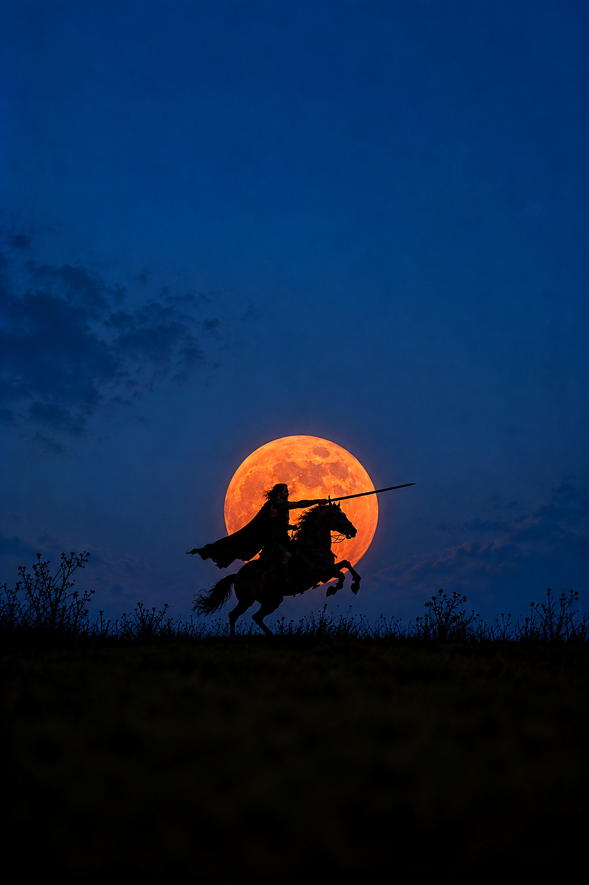 A warrior on a rearing horse with a raised spear, silhouetted against a giant orange moon in a deep blue night sky
